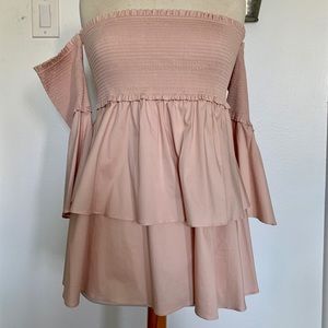 Pink strapless, ruffled top